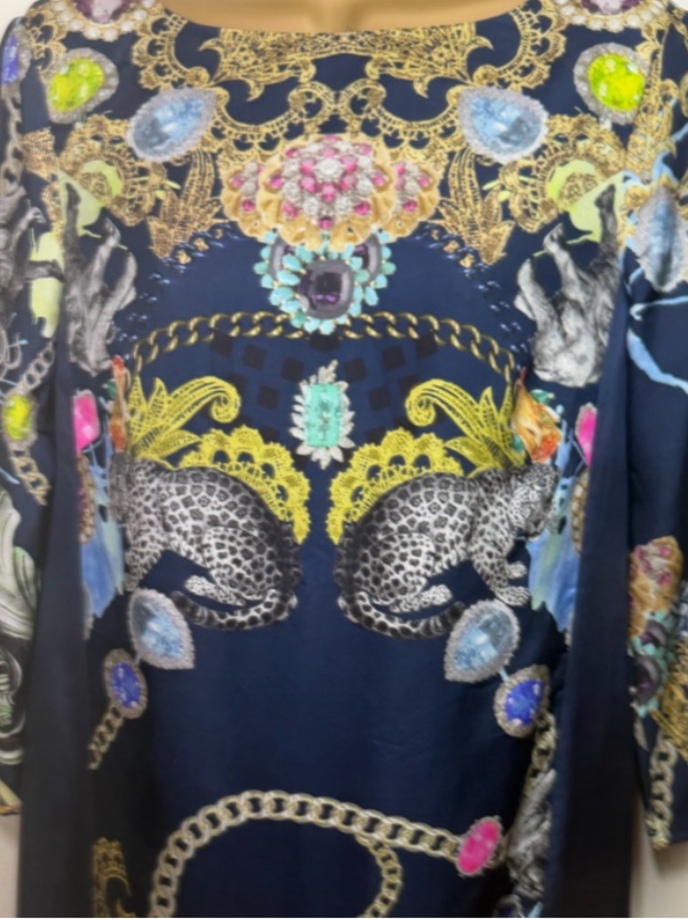 Tibi Blue Silk Scarf Animal & Jewel Print Luxury Designer Shift Dress 2*FLAW* - Picture 8 of 16